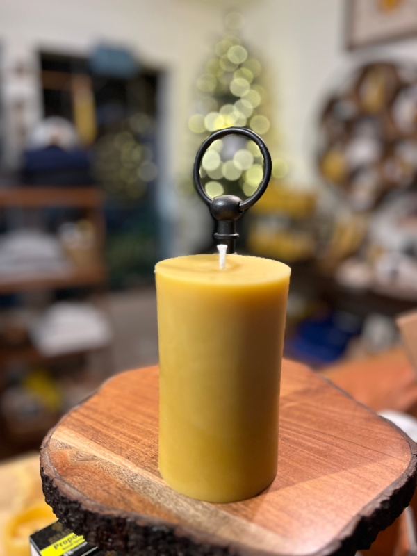 Pillar Candle featuring Black Metal Ring Handle, Rustic Decor