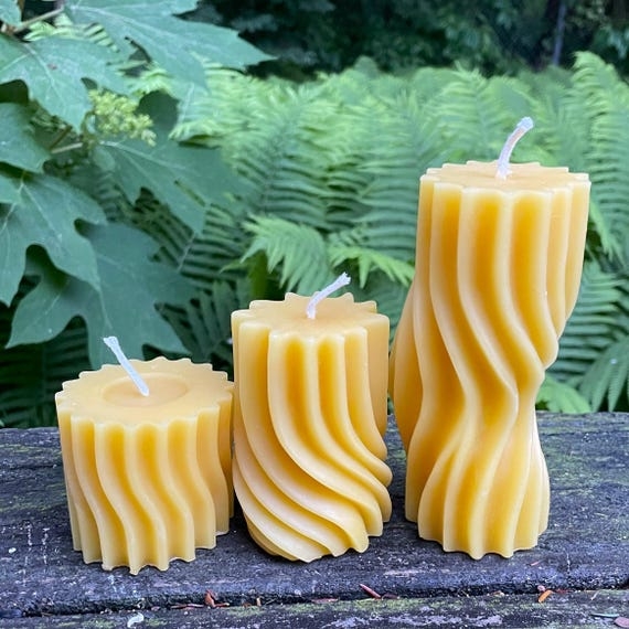 Pillar Candle Graduated Sculptural Set Twisted Fluted Beeswax Yellow