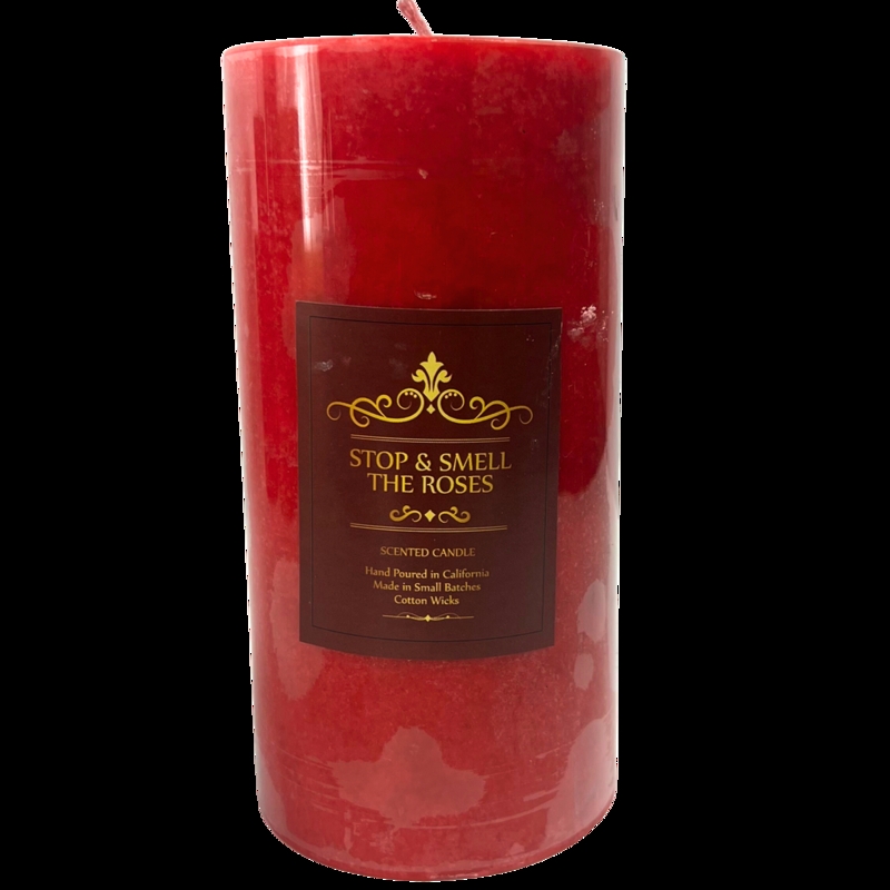 Pillar Candle Mottled Texture Deep Red Ornate Gold Label