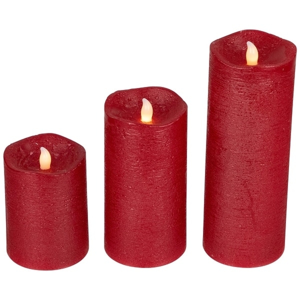 Pillar Candle Set: Brushed Red Flameless Wax with Tiered Heights