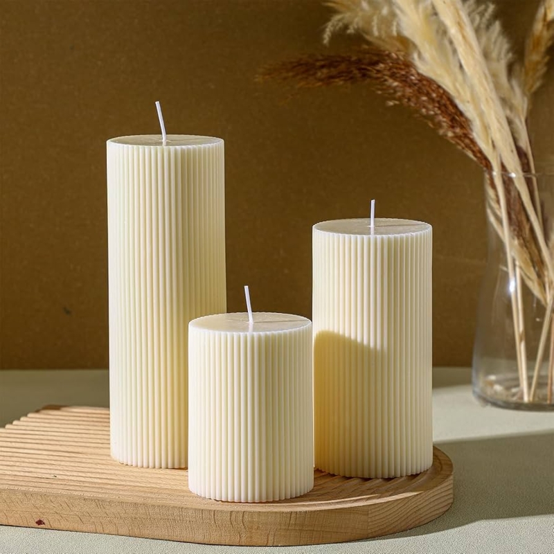 Pillar Candle Set: Cream Wax with Vertical Ribbed Surface Texture