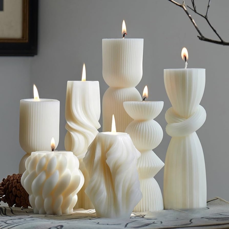 Pillar Candle Set Seven Piece Sculptural Ribbed White Wax