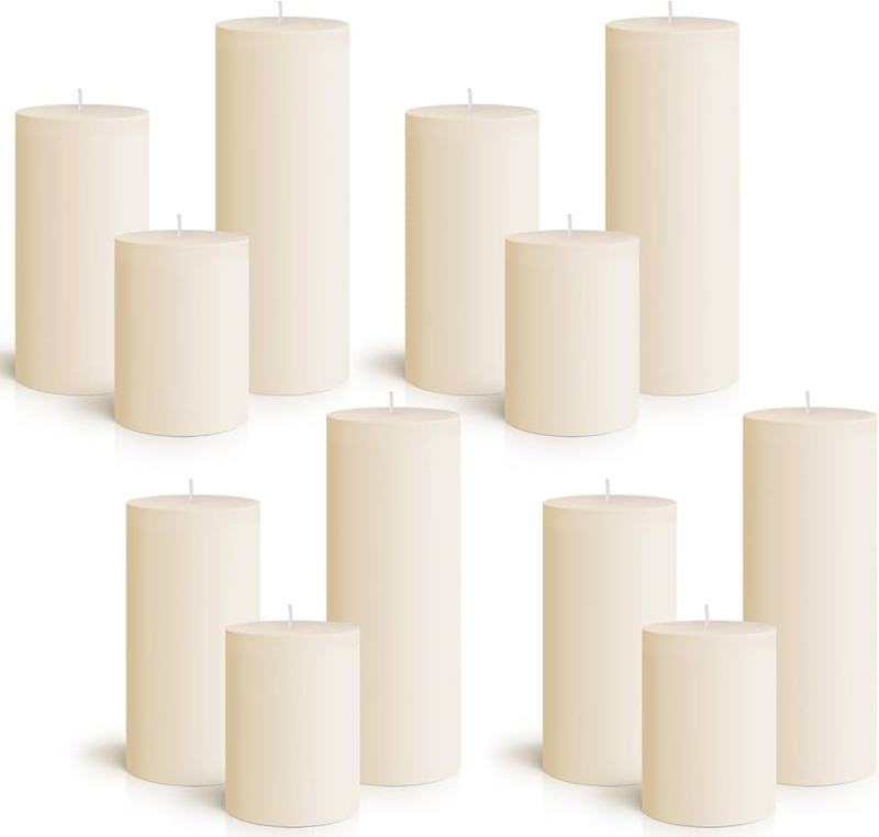 Pillar Candle Set: Twelve Matte Ivory Waxes in Three Heights