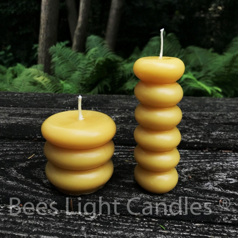 Pillar Candle Stacked Donut Shape Honey Color Sculptural Beeswax Organic