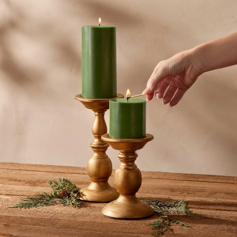 Pillar Candle Staggered Gold Holders Forest Green Wax Rustic