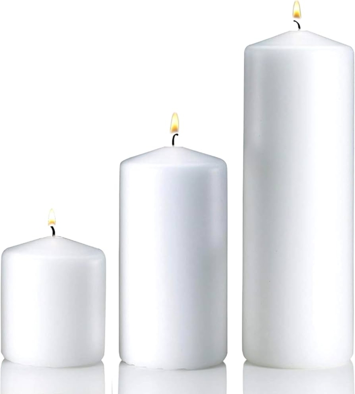 Pillar Candle Staggered Heights Trio Smooth White Finish Lit