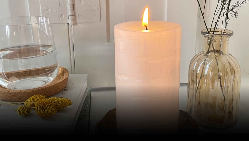 Pillar Candle Textured Wax Surface Lit Wick Amber Ribbed Vase Decor