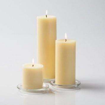 Pillar Candle Trio, Glass Coasters, Staggered Heights, Warm Flame