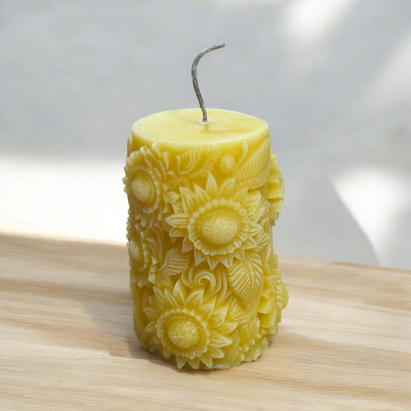 Pillar Candle with Sunflower Relief, Artisan Botanical Carving
