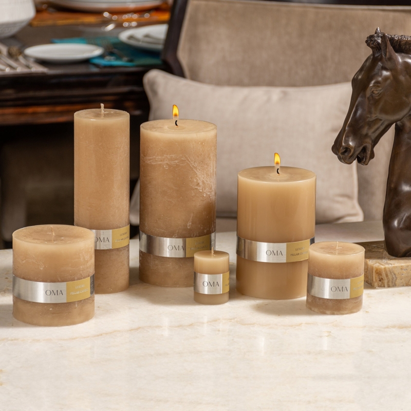 Pillar Candles Beige Mottled Wax with Metallic Logo Bands Set