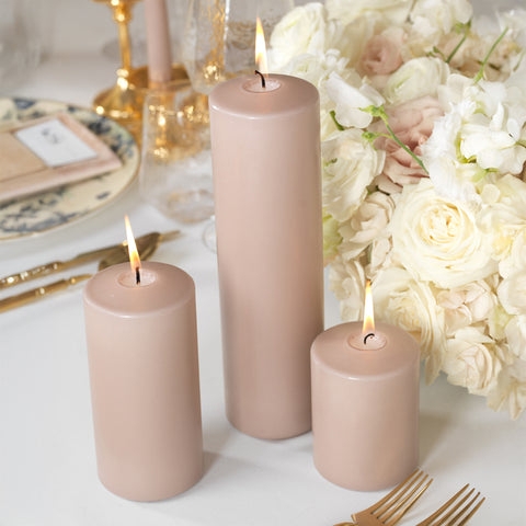 Pillar Candles Dusty Rose Staggered Trio Set Lit Wedding Decor