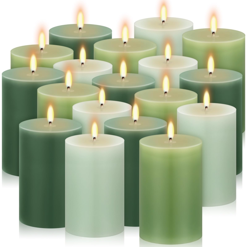 Pillar Candles Gradient Green Shades Lit Wicks Earthy Decor