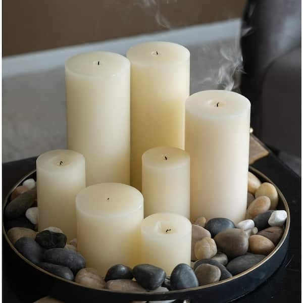 Pillar Candles Ivory on Tray with River Stones Zen Arrangement