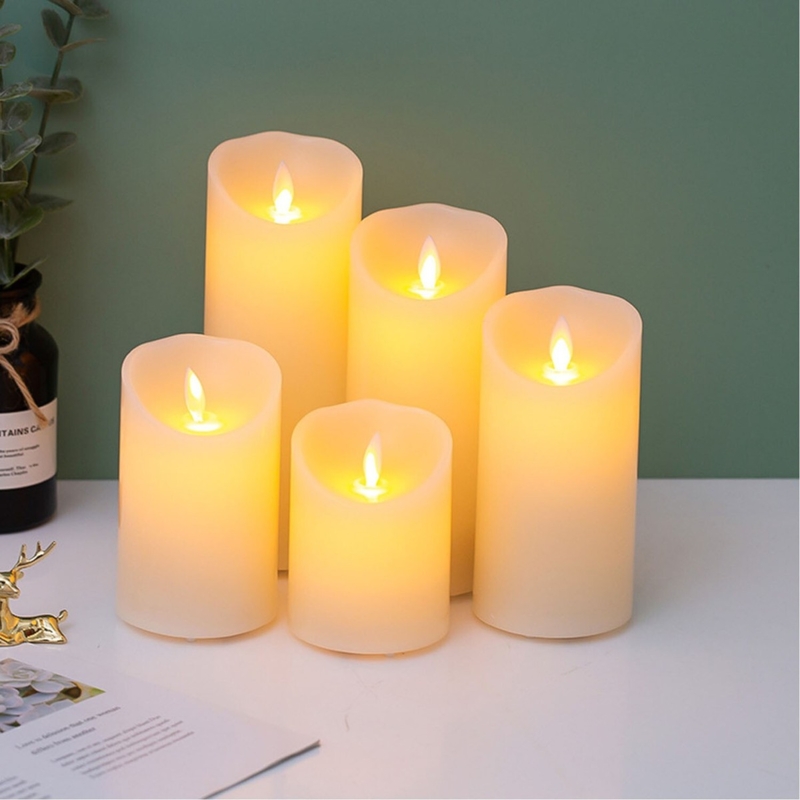 Pillar Candles Ivory Set with Flame-Shaped Bulb, Minimalist Decor