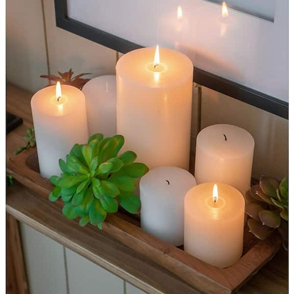 Pillar Candles Ivory Staggered in Dough Bowl with Succulents