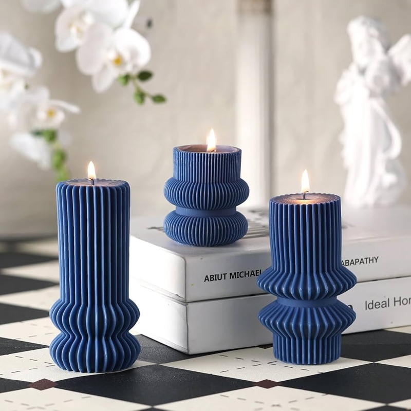 Pillar Candles Navy Blue Wax Ribbed Geometric Tiered Shapes