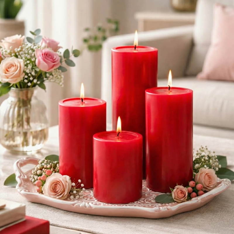 Pillar Candles Ornate Pink Tray Deep Crimson Wax Lit Wicks