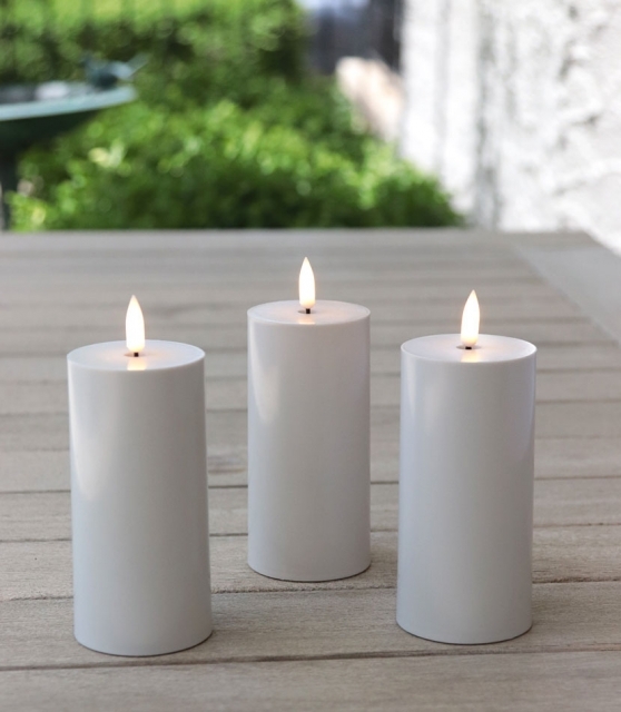 Pillar Candles, Outdoor Ready Sand White Set with Flameless LED