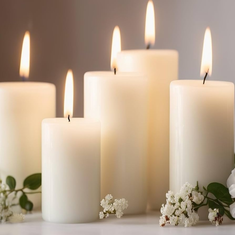 Pillar Candles Varying Heights Lit Wicks Warm Glow Minimalist