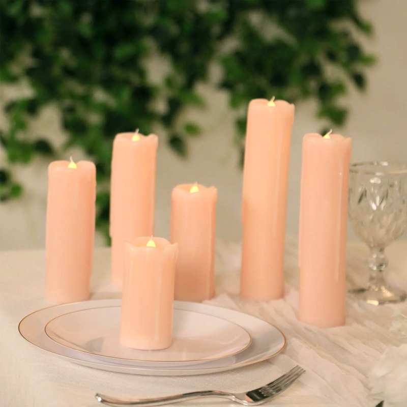 Pillar Candles Wax Drip Detail Peach Colorway Six Piece Set LED
