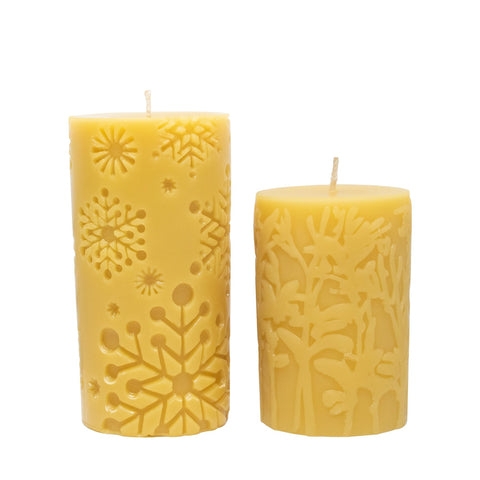 Pillar Candles with Embossed Snowflake and Botanical Patterns