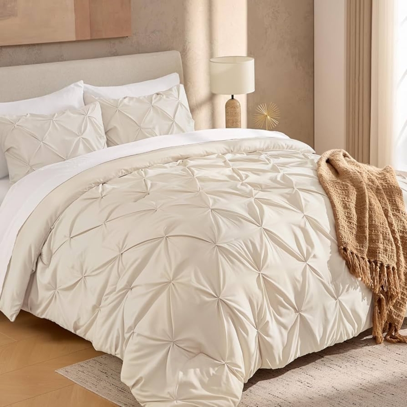 Pinch Pleat Comforter Set Cream Fluffy Textured Bedding Design