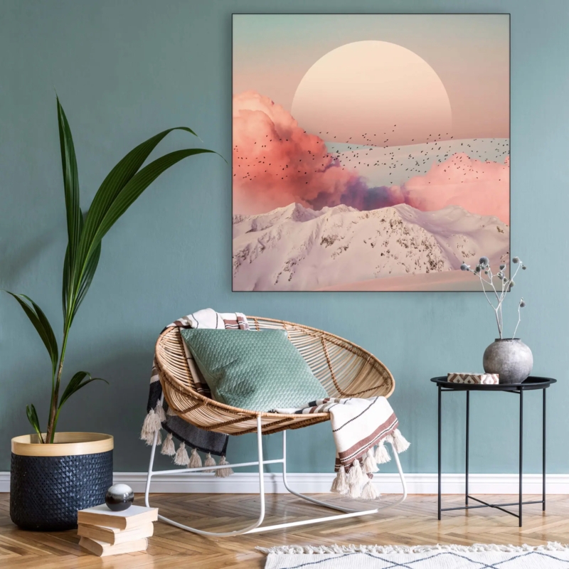 Pink Cloud Landscape Print, Oversized Boho Wall Art, Teal Decor