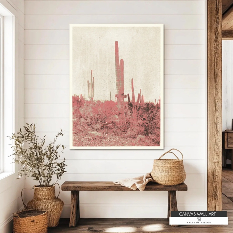 Pink Desert Wall Art Decor, Vertical Saguaro Canvas Print