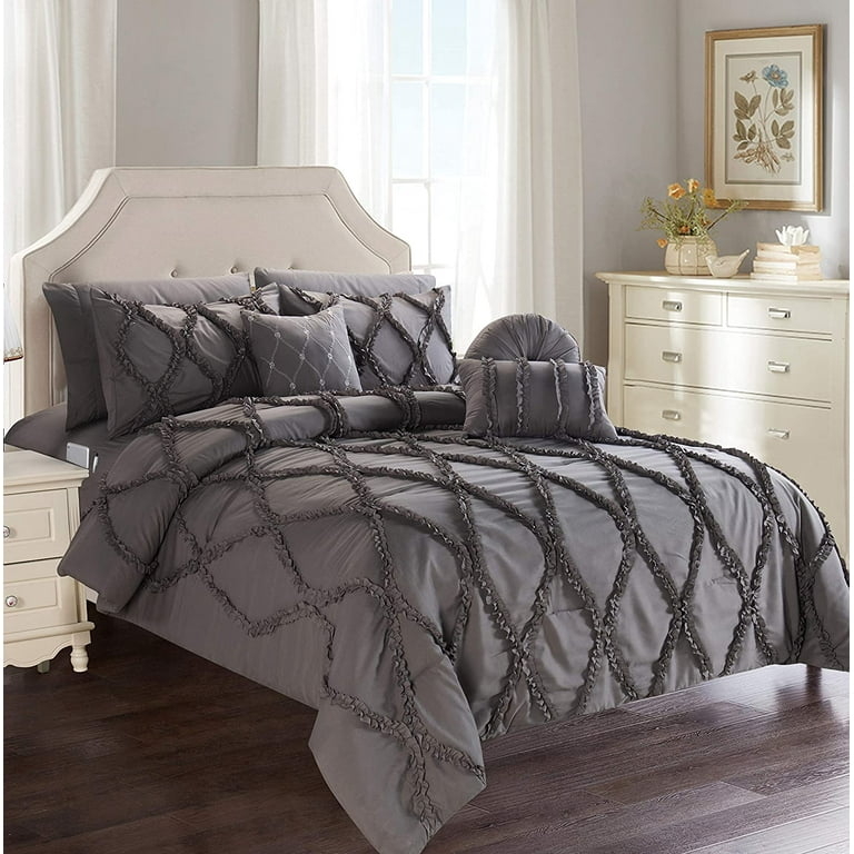 Pintuck Bed-in-a-Bag Light Gray Monochromatic Detailed Comforter Set