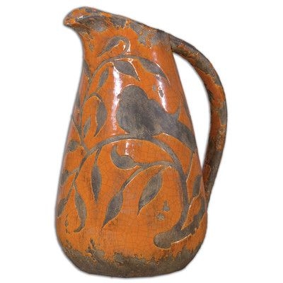 Pitcher Crackle Glaze Bird Motif, Distressed Ceramic Rustic Farmhouse.