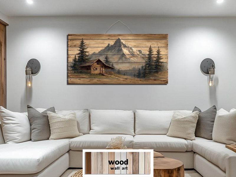 Plank Wood Wall Art: Large Horizontal Rustic Mountain Cabin Scene