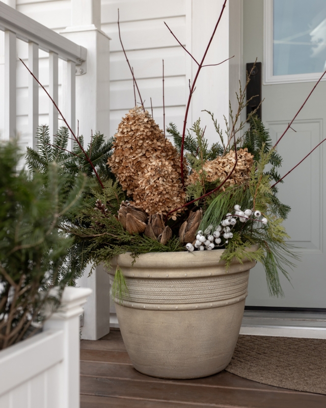 Planter Natural Winter Porch Arrangement Dried Hydrangea Red Twigs