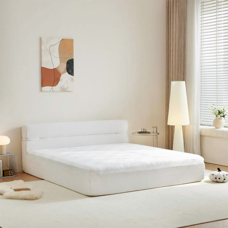 Platform Bed with Low Profile and Textured Waffle Weave Upholstery