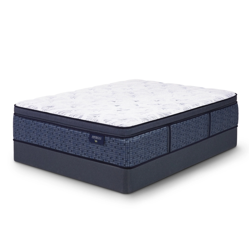 Plush Pillow Top Mattress, Textured Navy Sides, Mosaic Pattern.