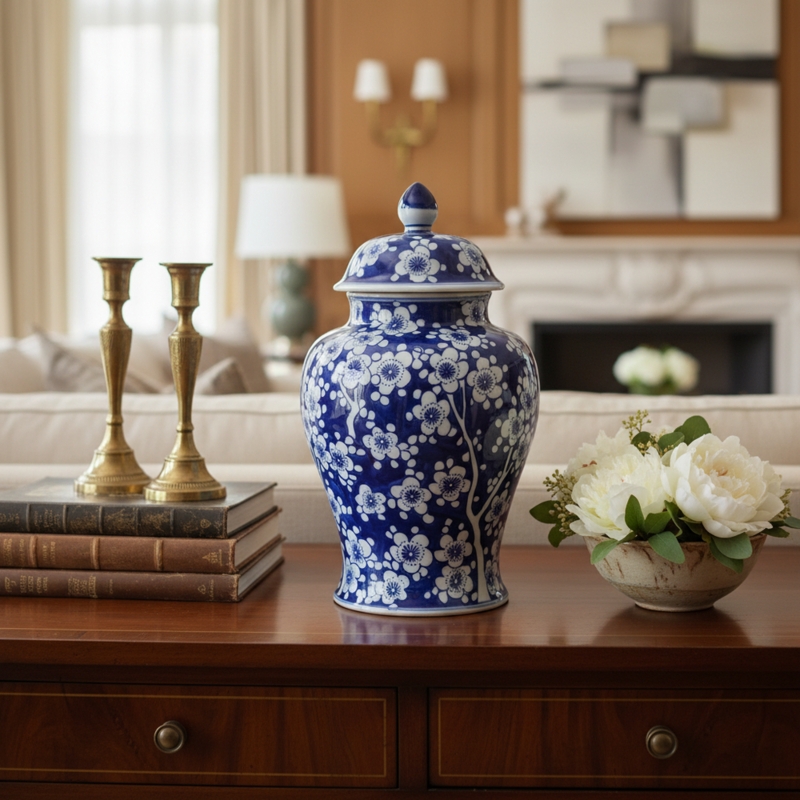 Porcelain Ginger Jar, Plum Blossom Pattern, Blue and White.
