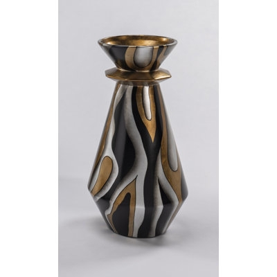 Porcelain Table Vase Faceted Metallic Organic Stripe Black Gold Glam