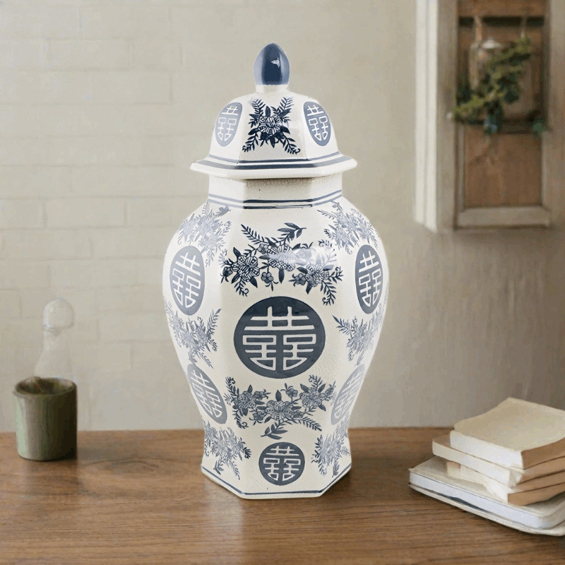 Porcelain Urn: Hexagonal Chinoiserie with Double Happiness Script.
