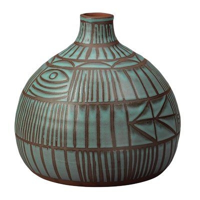Pottery Vase Bulbous Incised Geometric Eye Motif Teal Artisanal