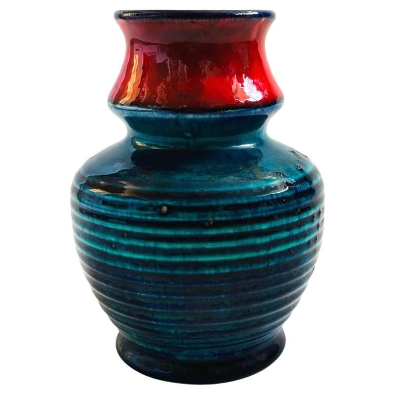Pottery Vase, Two-Tone Glaze, Ribbed Texture, Flared Red Rim, Vibrant.