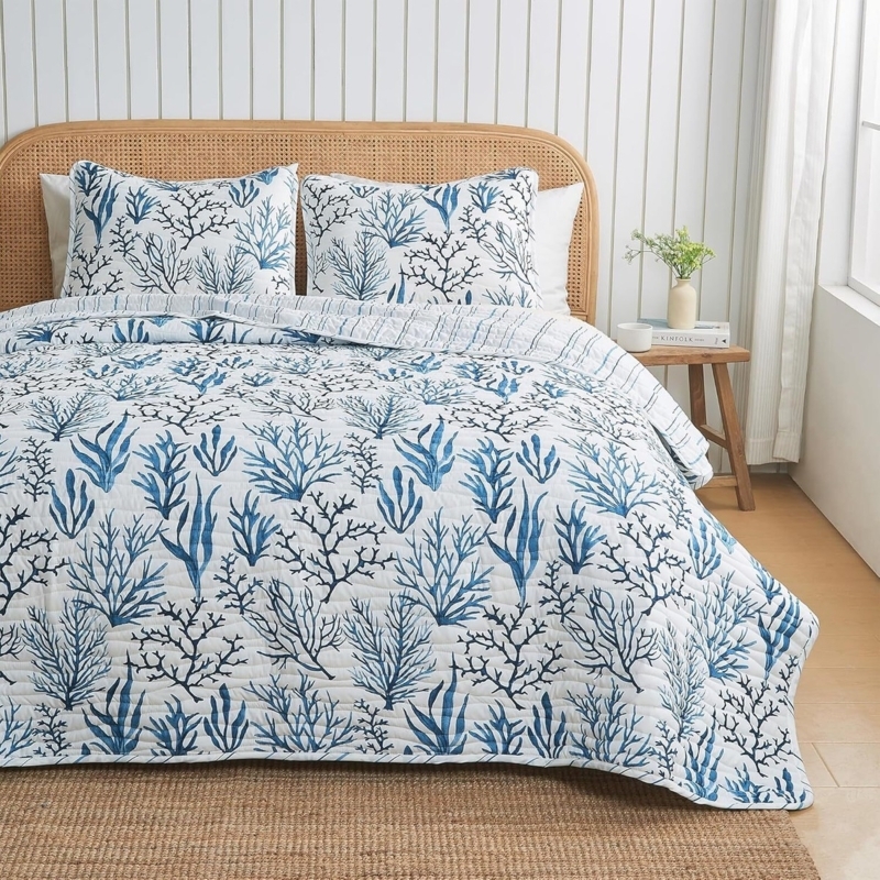 Quilt Coral Inspired Stitching Light Blue Monochromatic Coastal Set