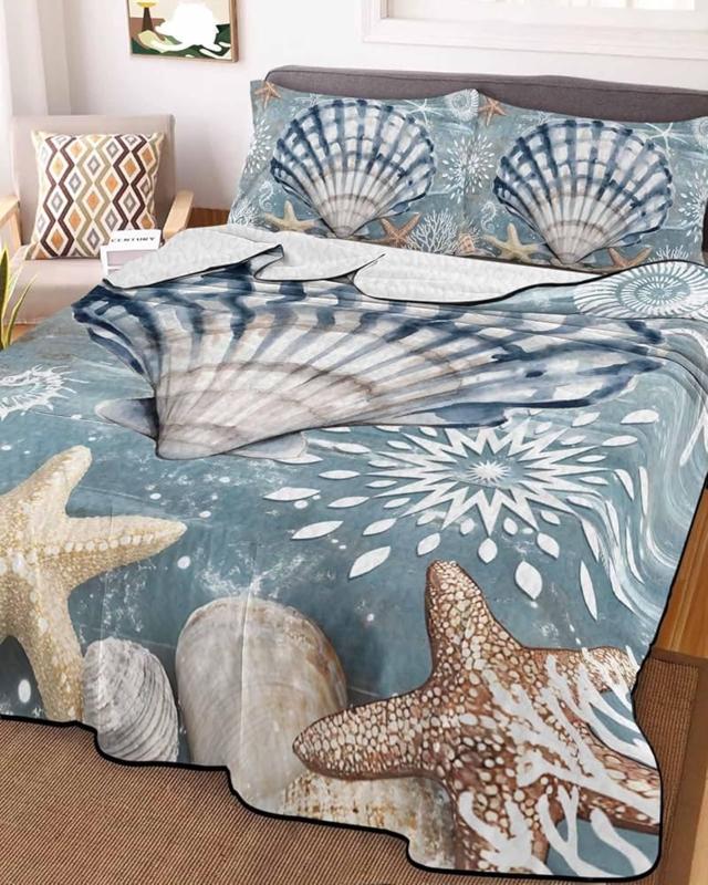 Quilt Lightweight Summer Bedding Starfish Coral Motifs Coastal Style