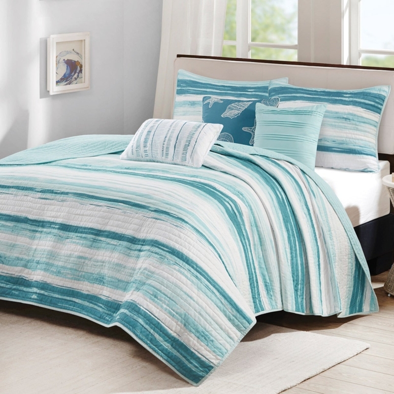 Quilt Set Aqua Seashell Motifs Quilted Cotton Beachy Guest Room Decor