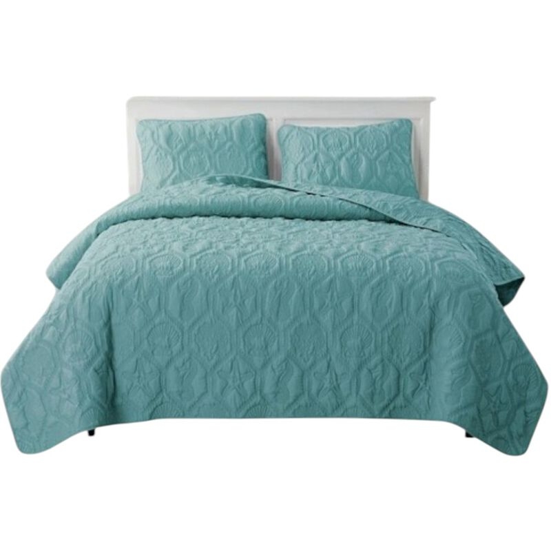 Quilt Set Coastal Beach House Seahorse Motif Aqua Teal Palette Stitched