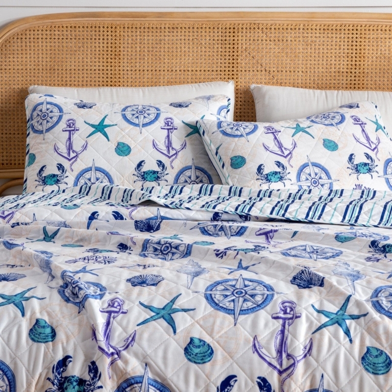 Quilt Set Diamond Quilted Texture Anchor Print Coastal Airy White