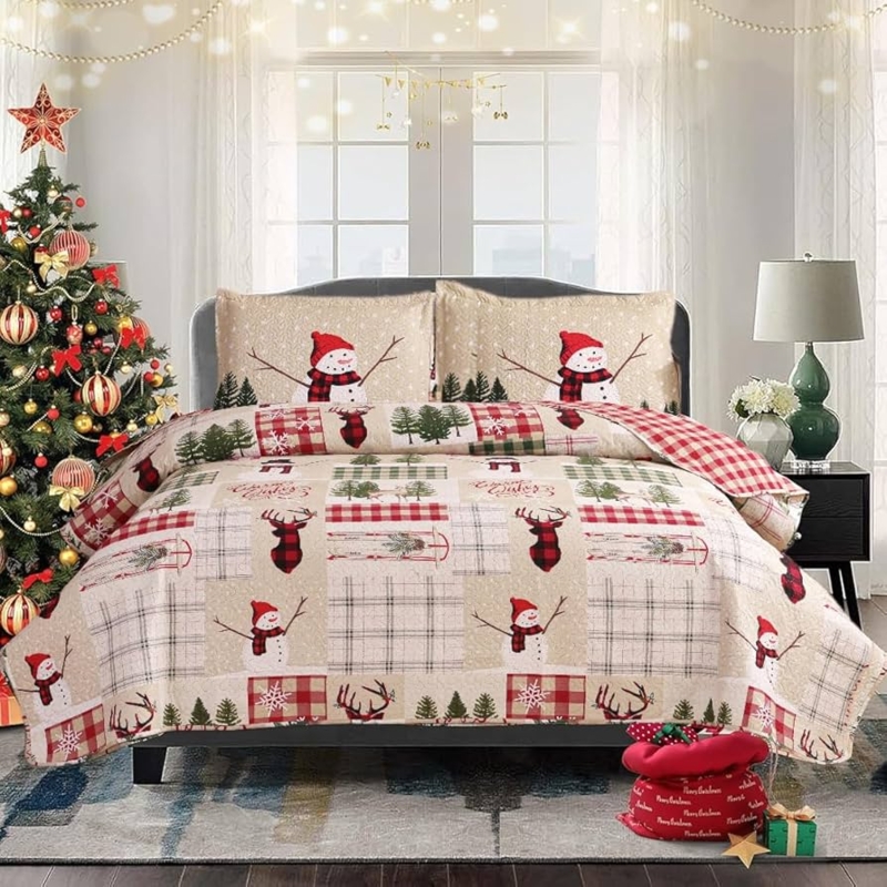 Quilt Set: Festive Holiday Patchwork Design with Snowman Pattern