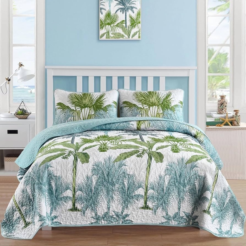 Quilt Set in Vibrant Teal and Navy Palm Leaf Pattern