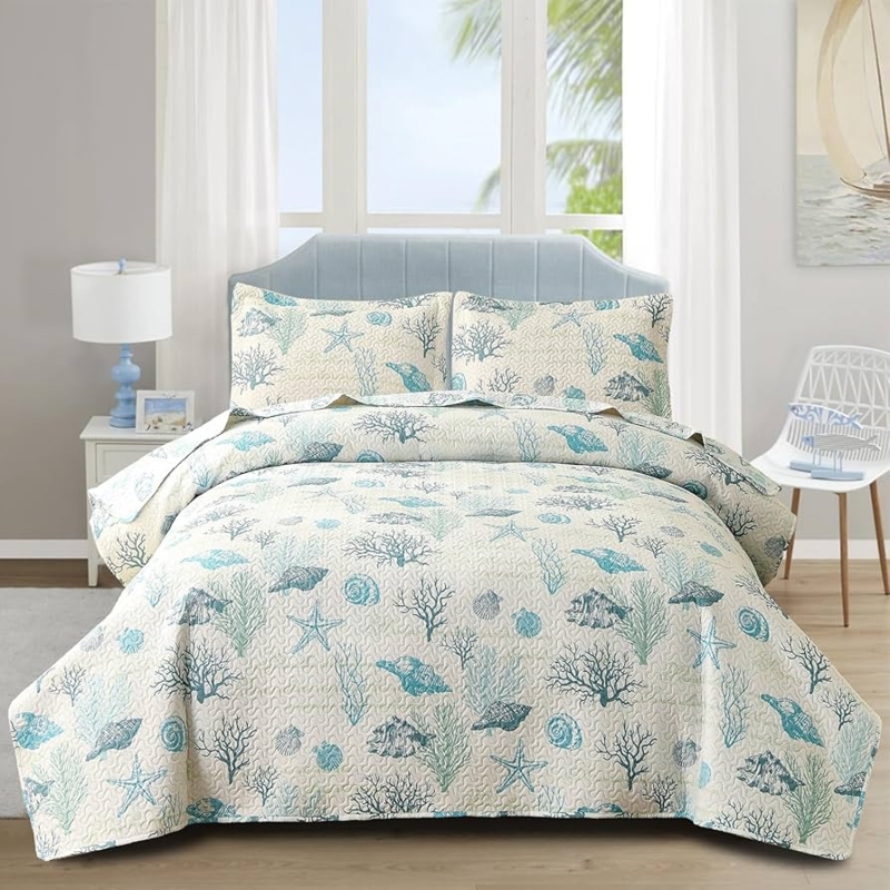Quilt Set Light Blue Nautical Quilt Set with Ocean Theme Motifs