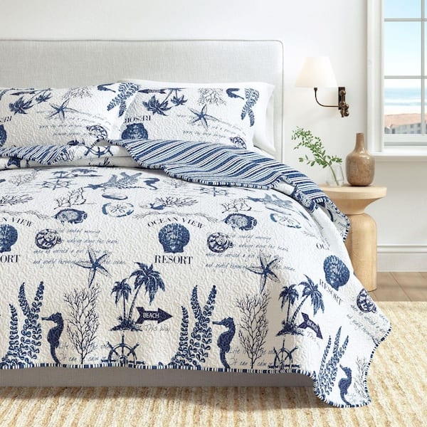 Quilt Set Nautical Motifs Coastal Printed Pattern Quilted Maritime