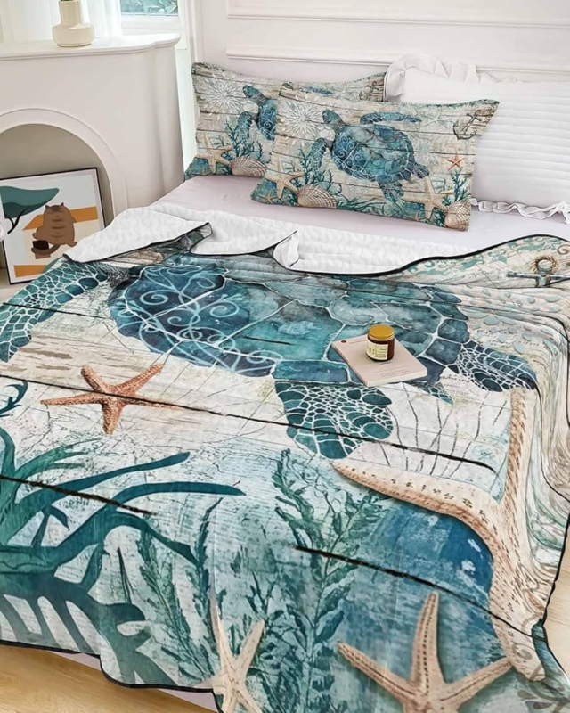 Quilt Set Nautical Sea Turtle Print Vibrant Teal Diamond Stitching