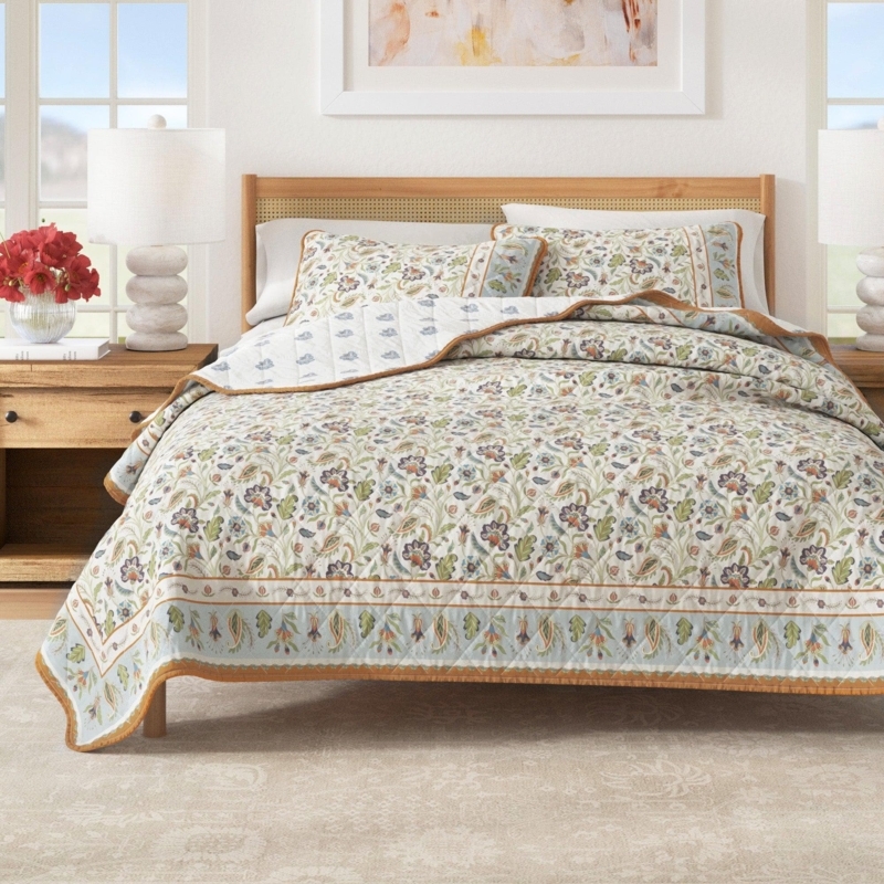 Quilt Set: Navy Botanical Print with Quilted Stitching
